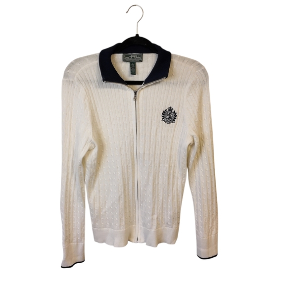 Vintage Ralph Lauren White Zip-Up Sweater with Navy Accents